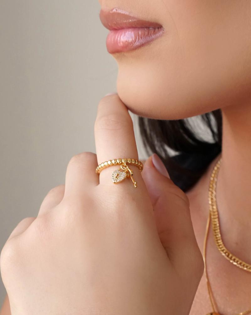 Anel Chave Coracao Cravejado Cristal Banho Dourado